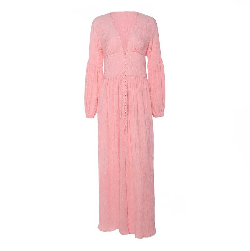 Station-style Retro V-neck Long Skirt Bunker Waist Pleated Loose Long-sleeved Dress