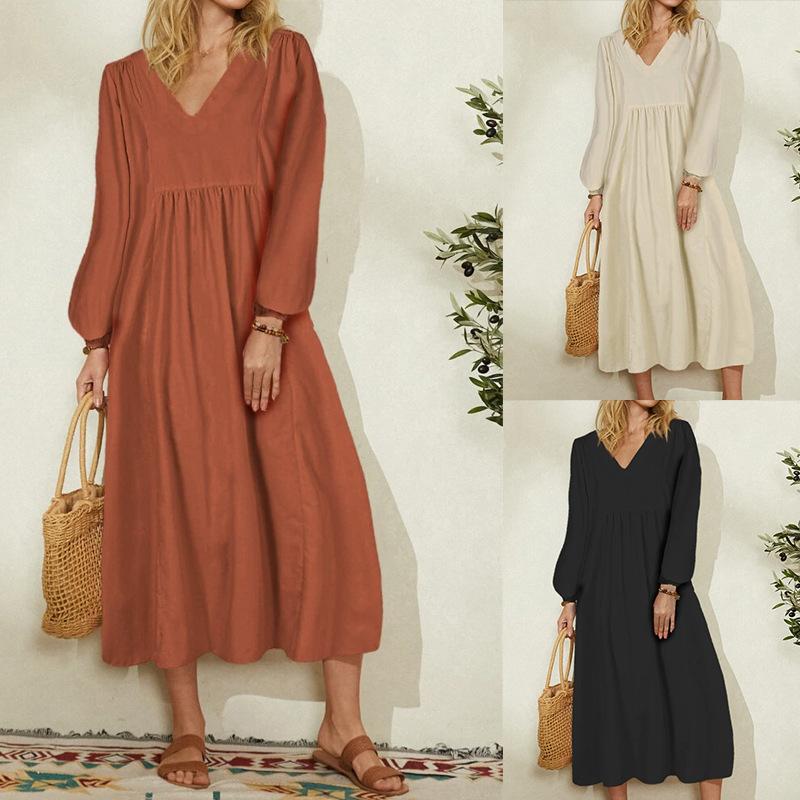 Fashion Women's Cotton Loose Lantern Sleeve Dress