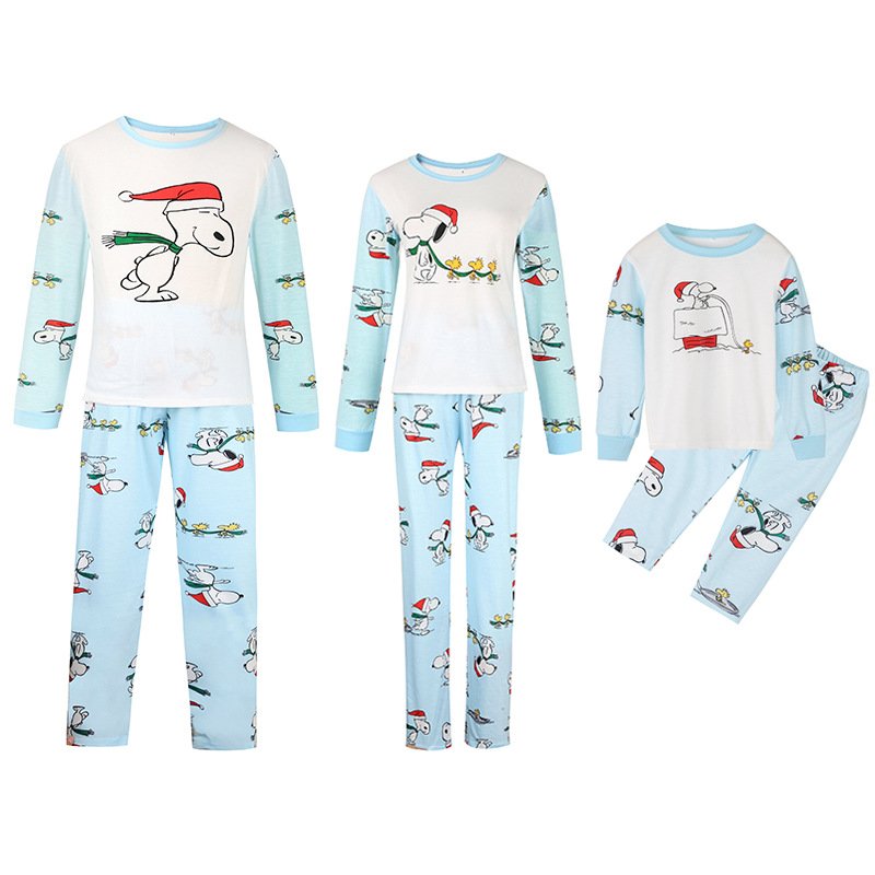 Christmas Family Matching Sleepwear Pajamas Sets Blue Cartoon Snoopy Top and Pants