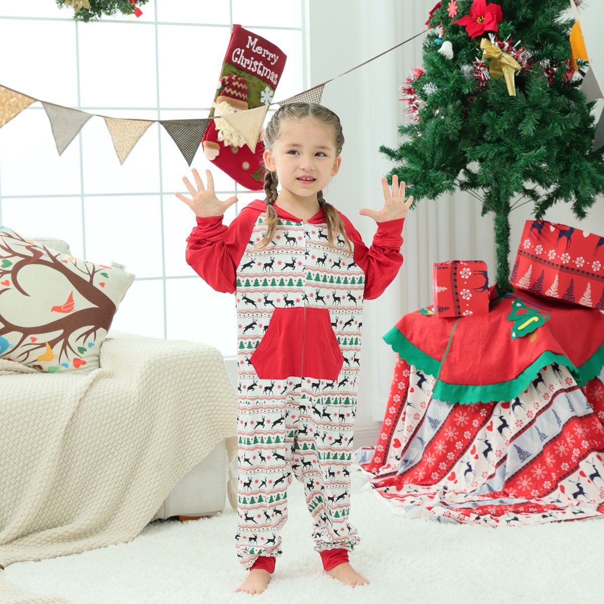 Christmas Family Matching Reindeer Print Onesie Pajamas Sets