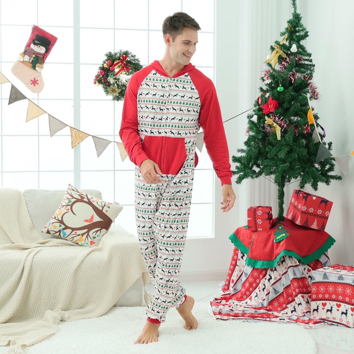 Christmas Family Matching Reindeer Print Onesie Pajamas Sets