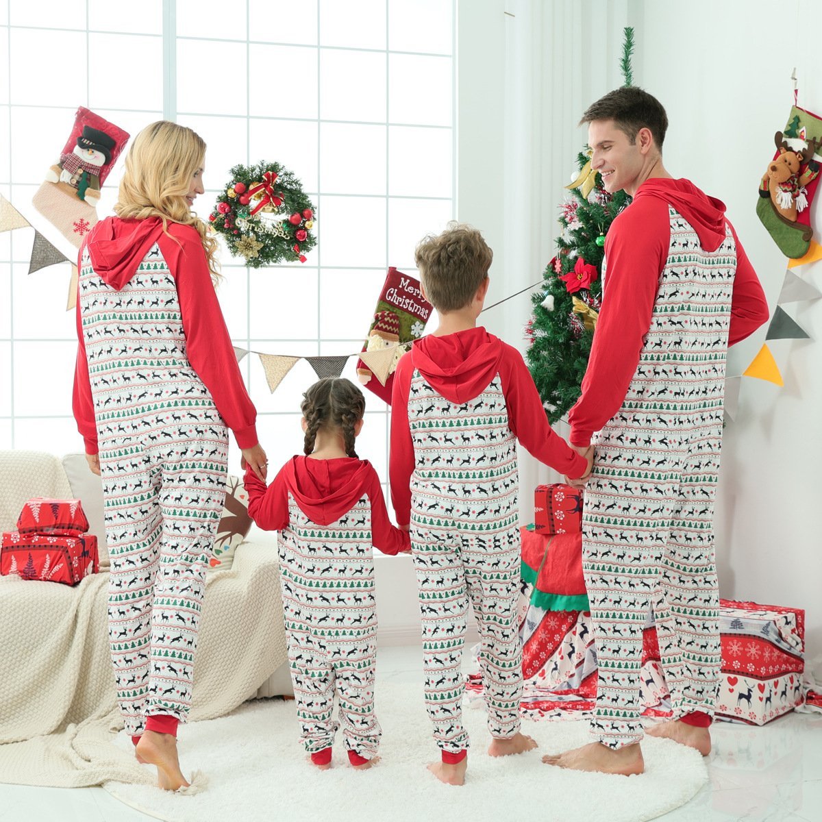 Christmas Family Matching Reindeer Print Onesie Pajamas Sets