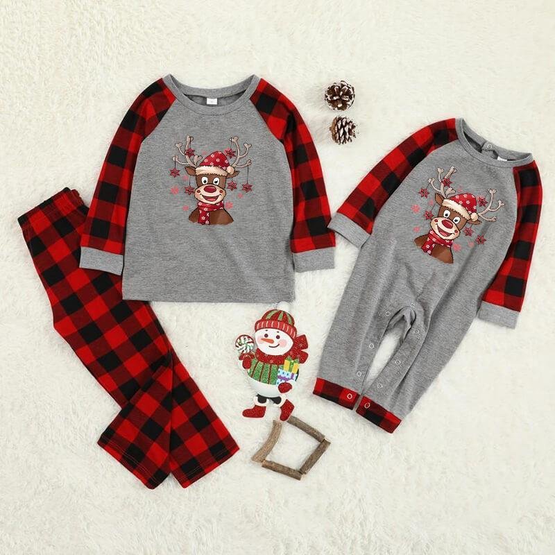 Cartoon Deer Contrast top and Plaid Pants Family Matching Pajamas Set