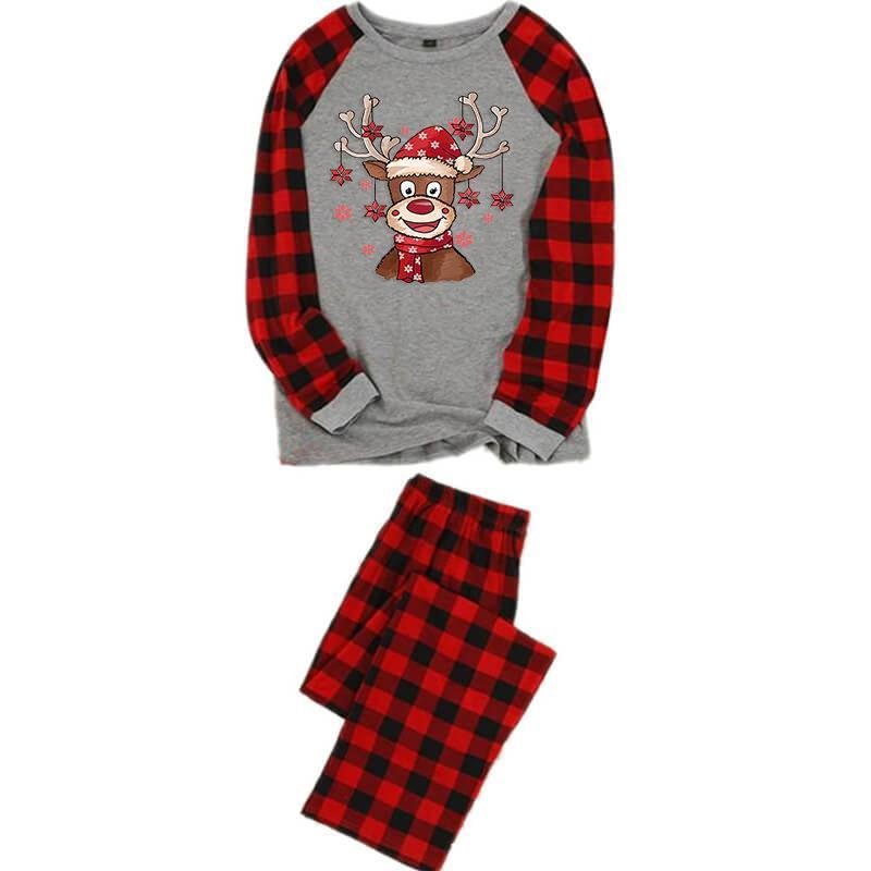 Cartoon Deer Contrast top and Plaid Pants Family Matching Pajamas Set