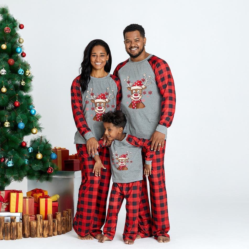 Cartoon Deer Contrast top and Plaid Pants Family Matching Pajamas Set