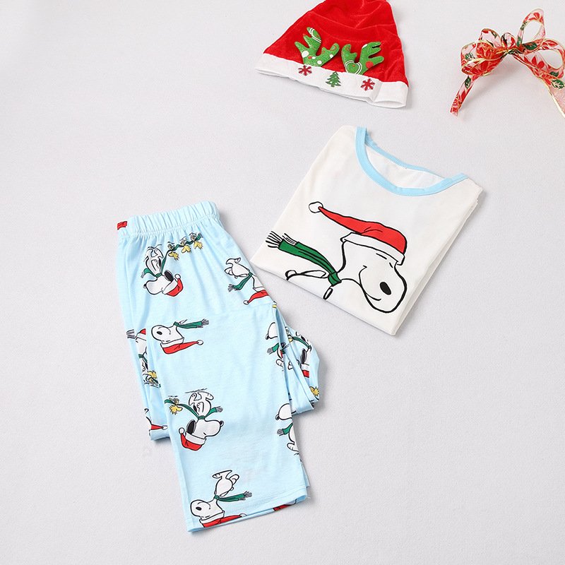 Christmas Family Matching Sleepwear Pajamas Sets Blue Cartoon Snoopy Top and Pants