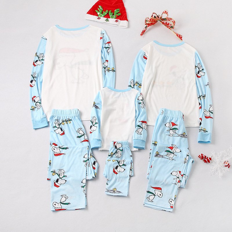 Christmas Family Matching Sleepwear Pajamas Sets Blue Cartoon Snoopy Top and Pants