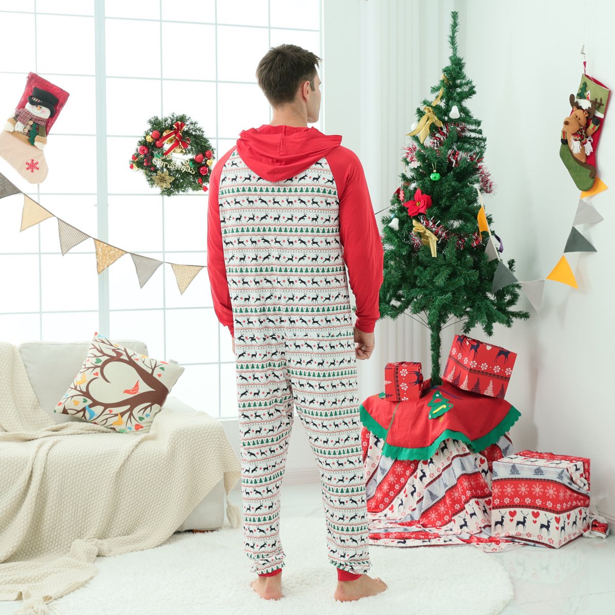 Christmas Family Matching Reindeer Print Onesie Pajamas Sets