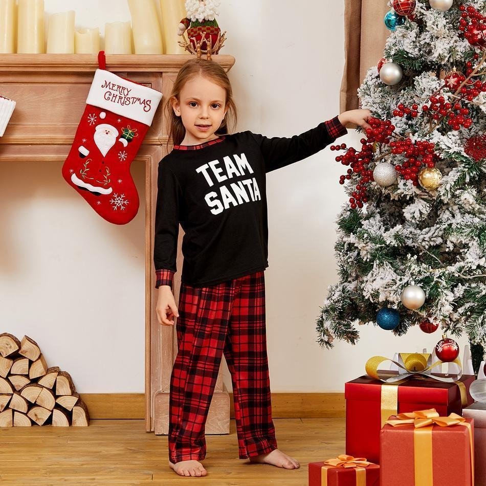 Christmas Team Santa Letter Print Plaid Family Matching Pajamas Sets