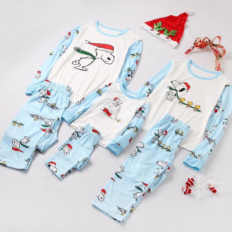 Christmas Family Matching Sleepwear Pajamas Sets Blue Cartoon Snoopy Top and Pants