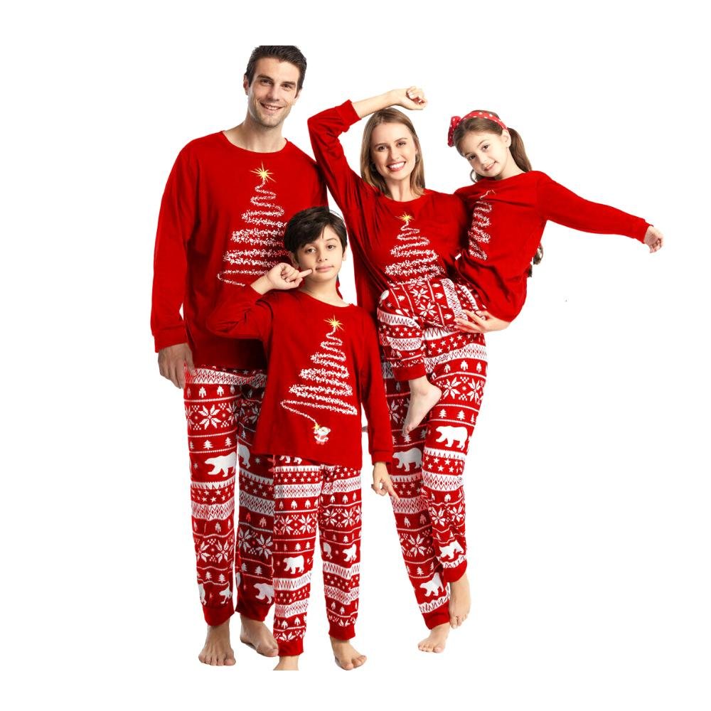 Family Matching Red Christmas Tree Suits Family Look Pajama Set