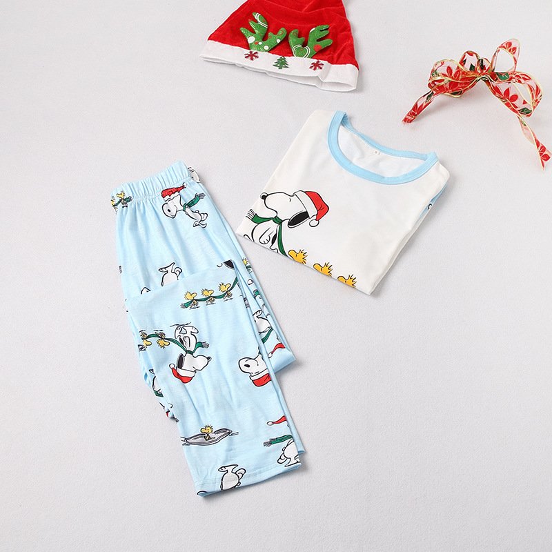 Christmas Family Matching Sleepwear Pajamas Sets Blue Cartoon Snoopy Top and Pants