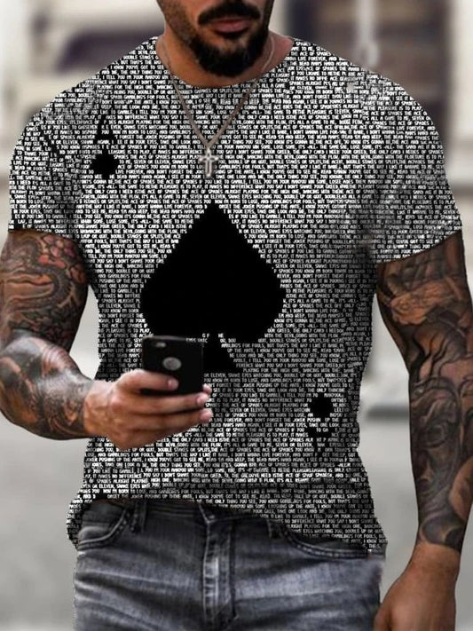 Artistic Ace of Spades Playing Card Letter Print Men's T-shirt